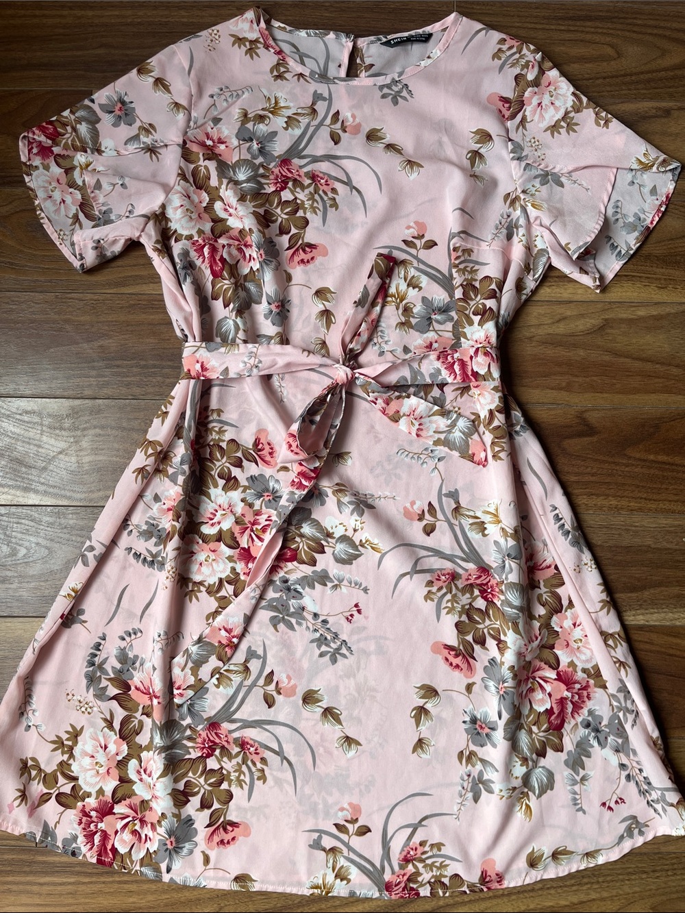 SHEIN Soft Pink Floral Tie-Front Dress Summer Ruffles Casual Size Large